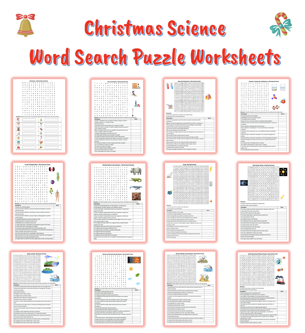 Christmas Holiday Science Word Search Puzzle Worksheets Bundle for Christmas Science Worksheets Middle School