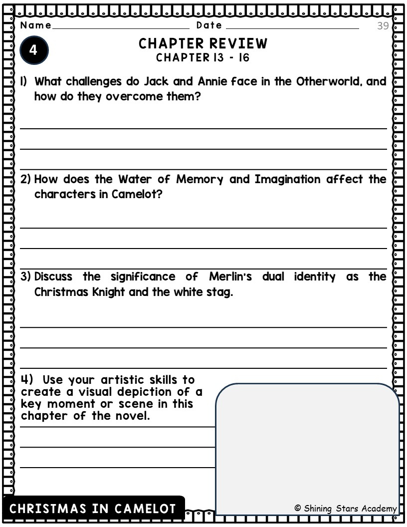 Christmas In Camelot Novel Study Comprehension, Critical Thinking in Christmas in Camelot Worksheets