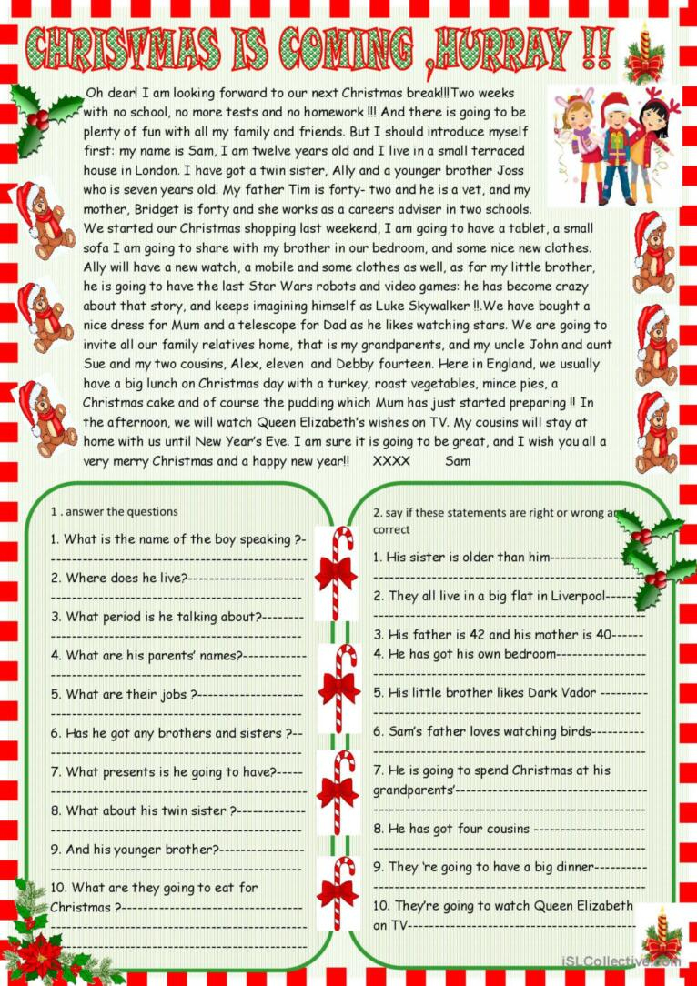 Christmas Is Coming : Christmas Re…: English Esl Worksheets Pdf &amp;amp; Doc throughout Christmas Day Reading Comprehension Worksheets