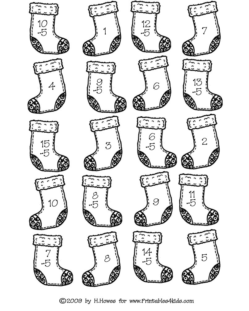Christmas Math Facts Subtraction Fives - Printables For Kids for Free Christmas Subtraction Worksheets