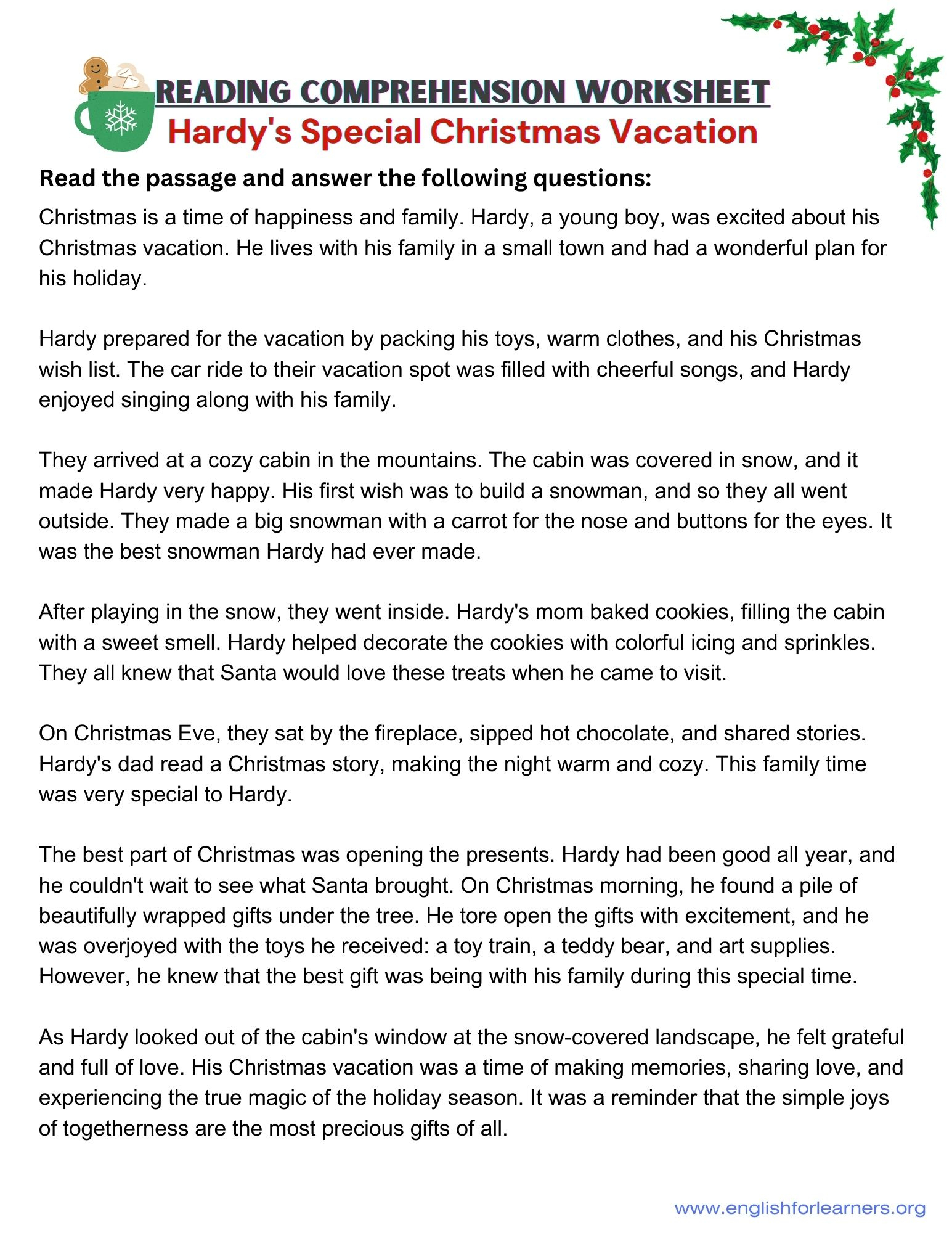 Christmas Reading Comprehension: Hardy&amp;#039;S Christmas - with regard to Christmas Story Reading Comprehension Worksheets