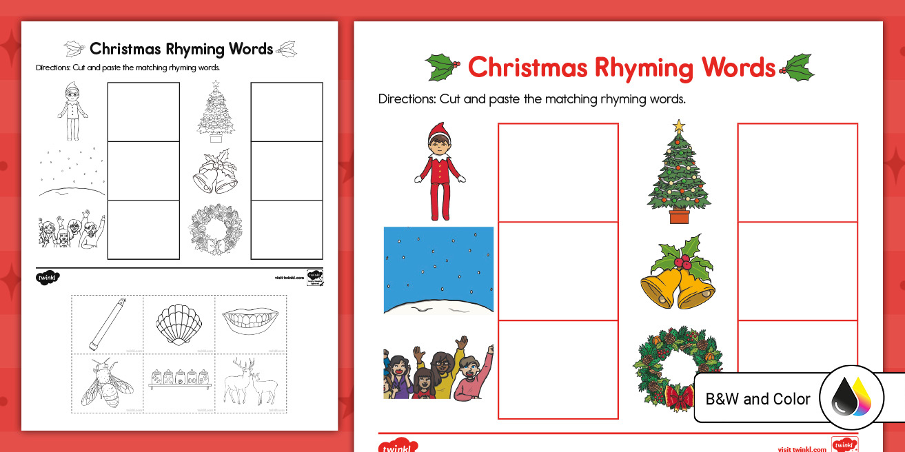 Christmas Rhyming Cut And Paste Worksheet within Christmas Rhyming Words Worksheets