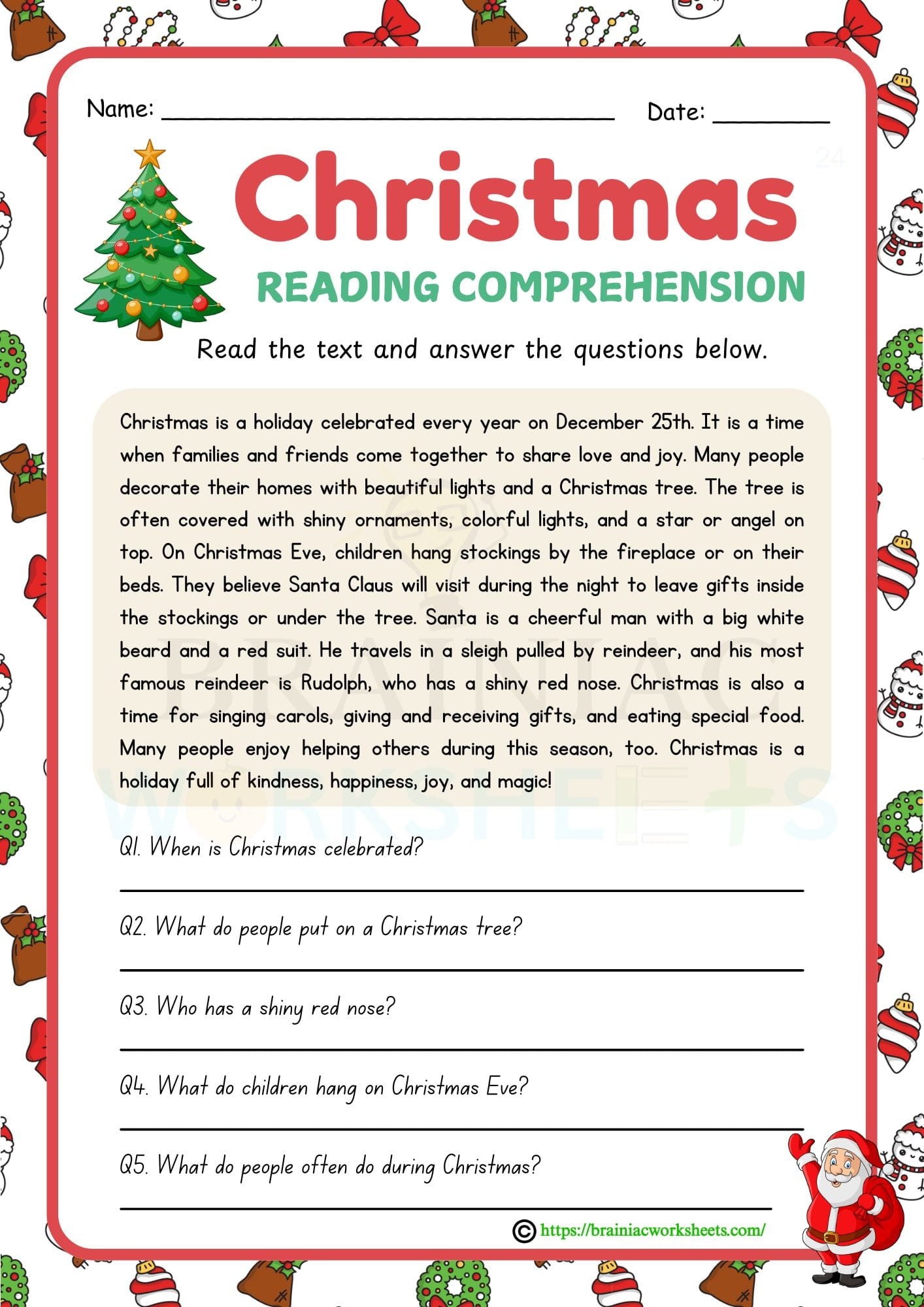 Christmas Story Reading Comprehension English Worksheet For Class pertaining to The Christmas Story Worksheets