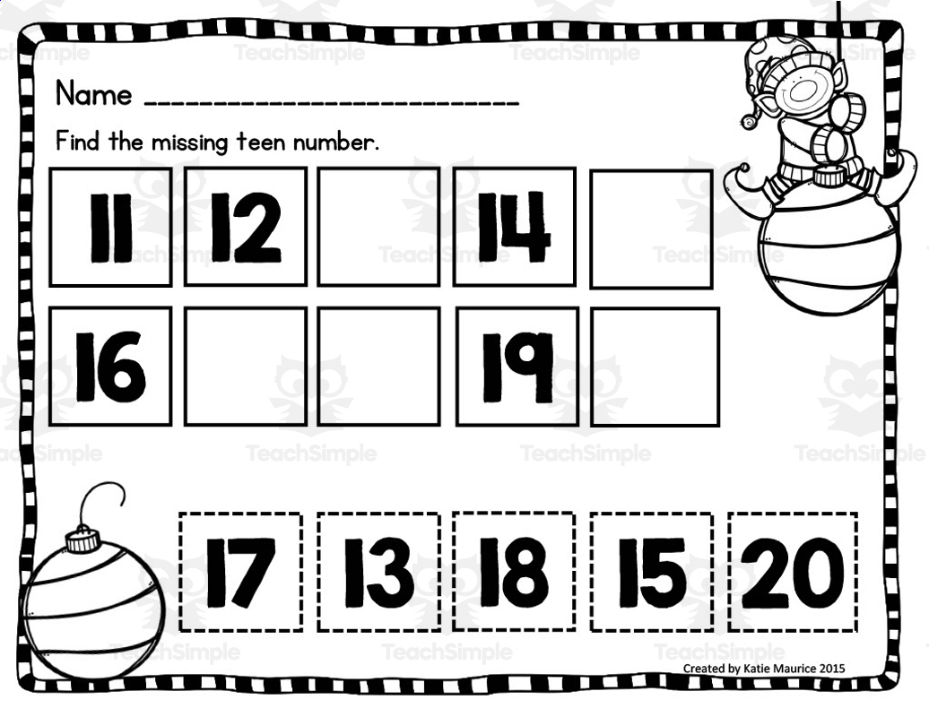 Christmas Teen Numbers Worksheet in Christmas Missing Number Worksheets