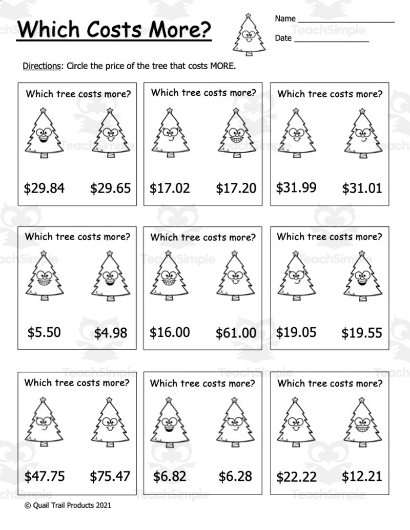 Christmas Tree Money Worksheets pertaining to Christmas Money Math Worksheets