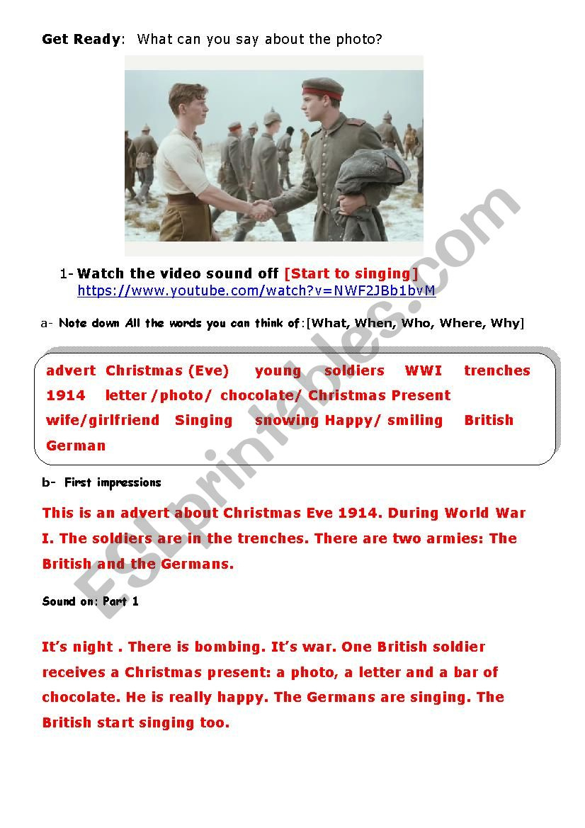 Christmas Truce Advert [1914 Wwi] - Esl Worksheetaurore intended for The World War 1 Christmas Truce Worksheets