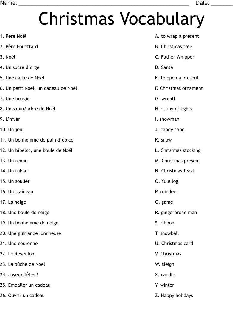 Christmas Vocabulary Worksheet - Wordmint throughout Christmas French Vocabulary Worksheets