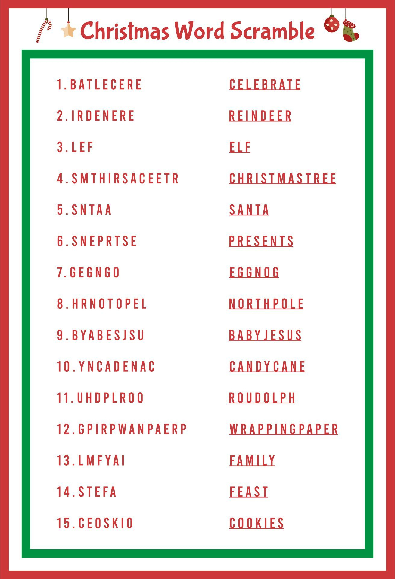 Christmas Word Scramble - 14 Free Pdf Printables | Printablee within Scrambled Christmas Worksheets Answers