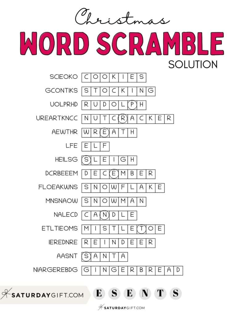 Christmas Word Scramble - Cute &amp;amp; Free Printable | Saturdaygift in Christmas Word Scramble Worksheets Answers