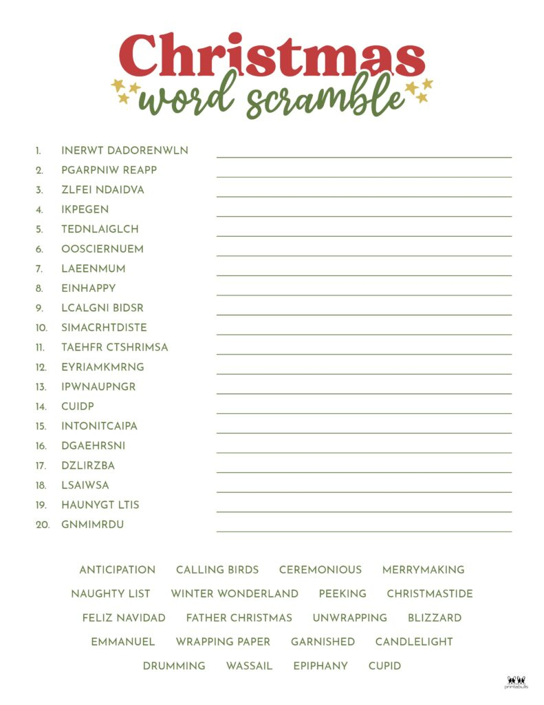 Christmas Word Scrambles - 15 Free Printables | Printabulls inside Christmas Unscramble Worksheets For Adults