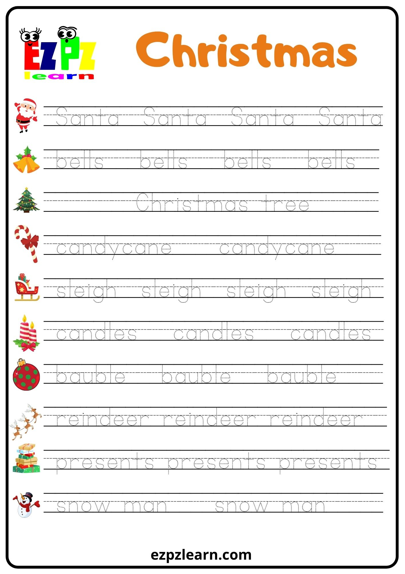 Christmas Word Tracing Worksheet - Ezpzlearn intended for Christmas Line Tracing Worksheets