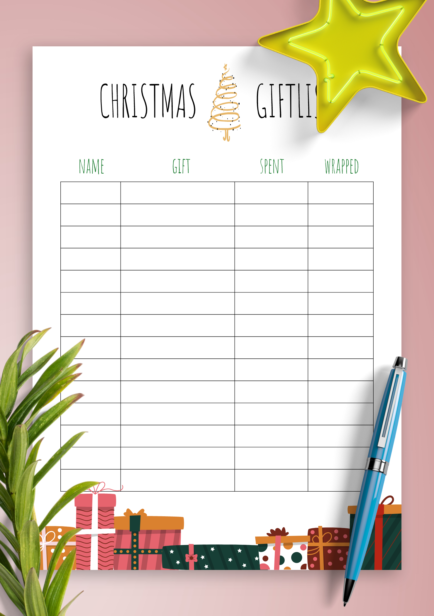 Download Printable Simple Bright Christmas Gift List Pdf for Christmas Gift Planning Worksheets