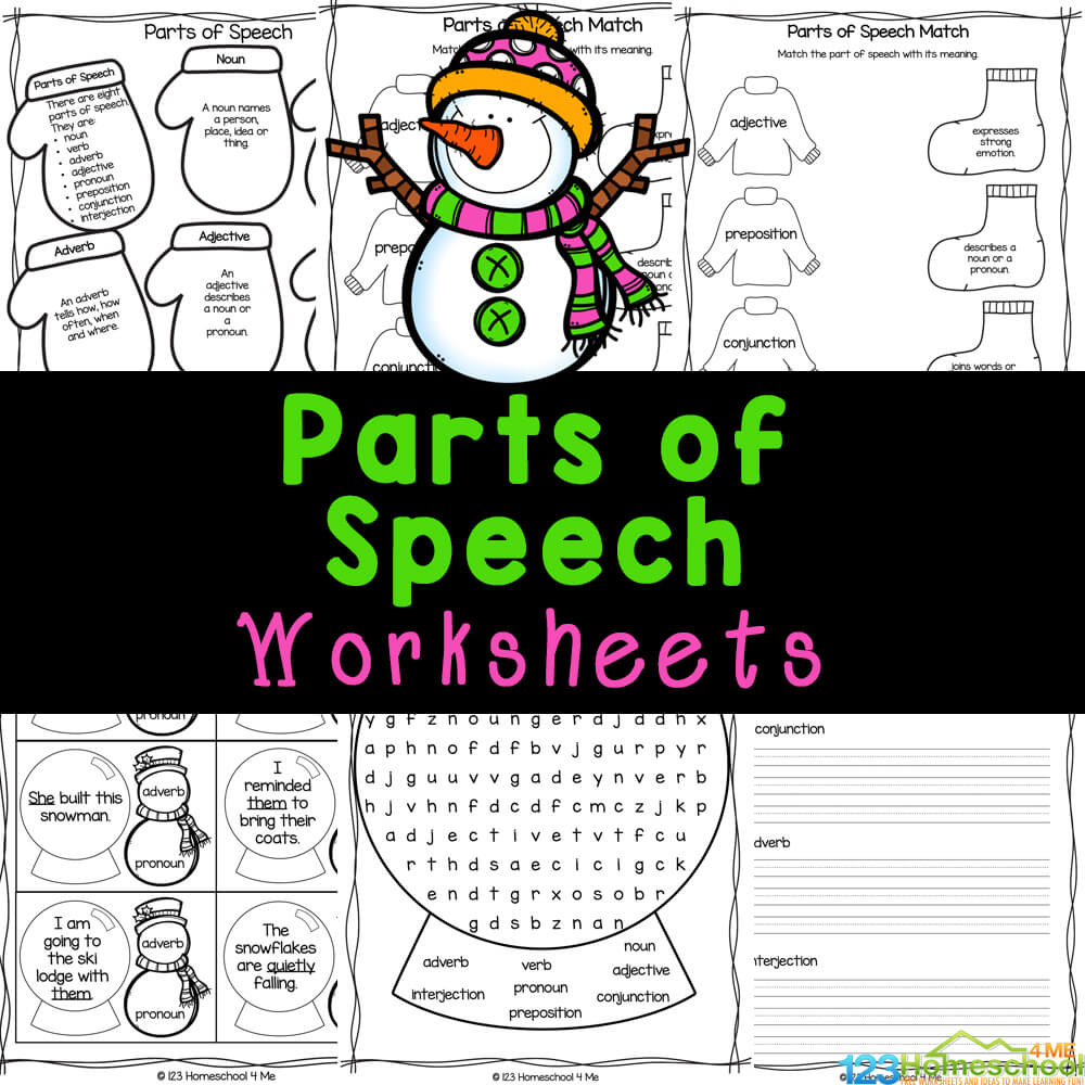 ⛄ Free Printable Winter Snowman Parts Of Speech Grammar Worksheets throughout Christmas Parts of Speech Worksheets