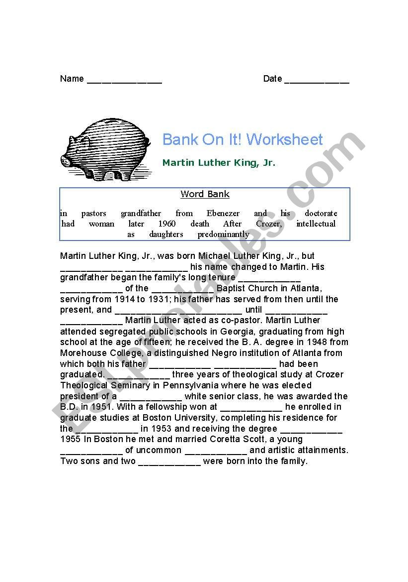 English Worksheets: Mlk Bank On It! in Bank On It Worksheets Christmas Answers