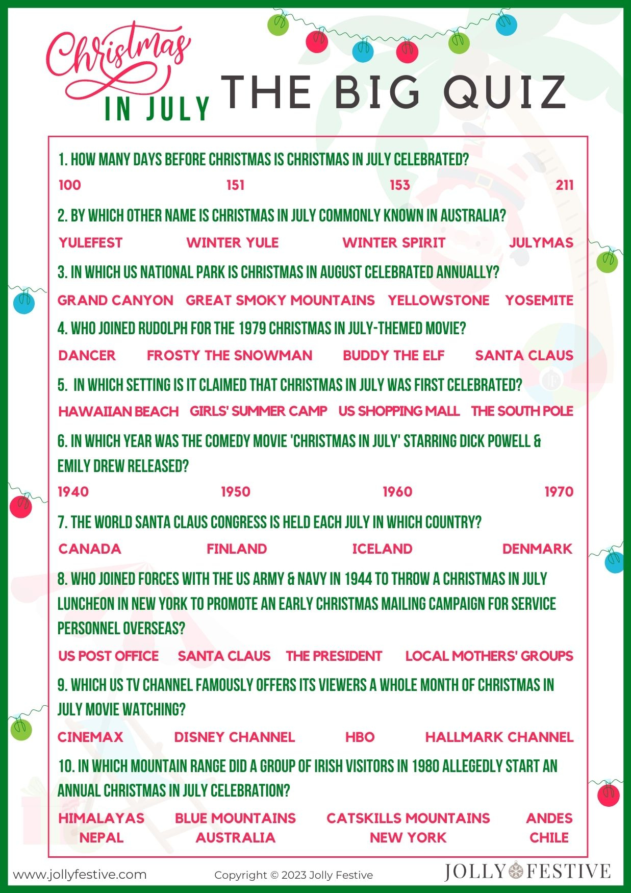 Free Printable Christmas In July Trivia Quiz - Jolly Festive with Christmas In July Worksheets