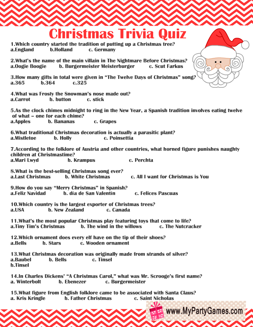 Free Printable Christmas Trivia Quiz with regard to Christmas Trivia Worksheets
