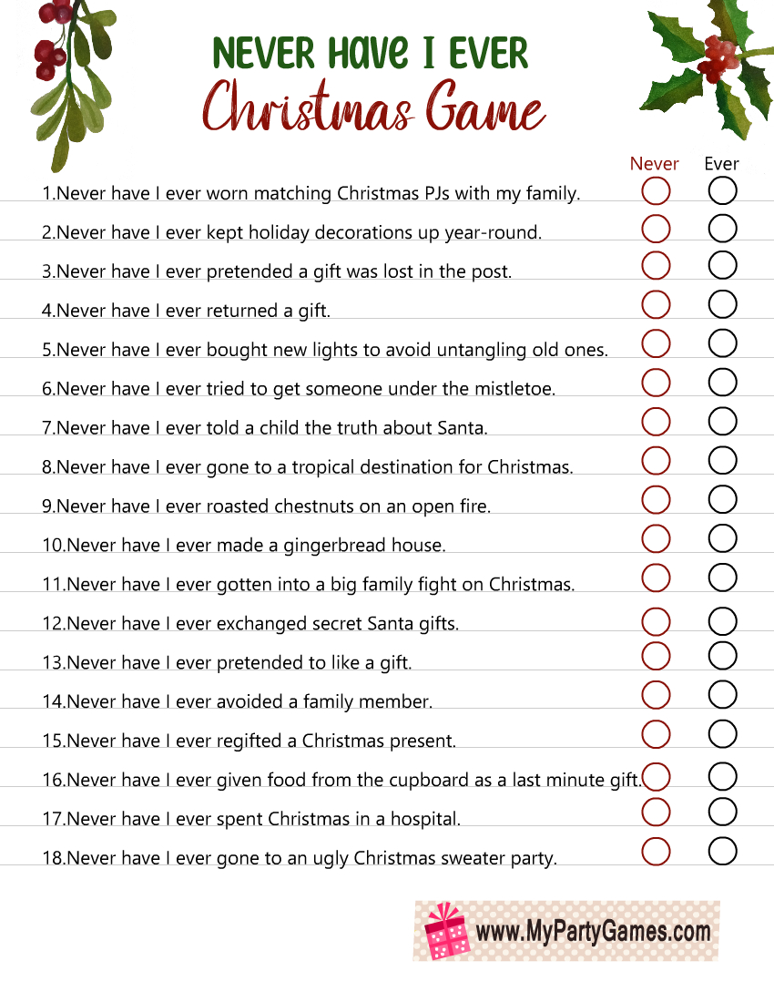 Free Printable Never Have I Ever Christmas Game For Adults with regard to Christmas Worksheets Games For Adults