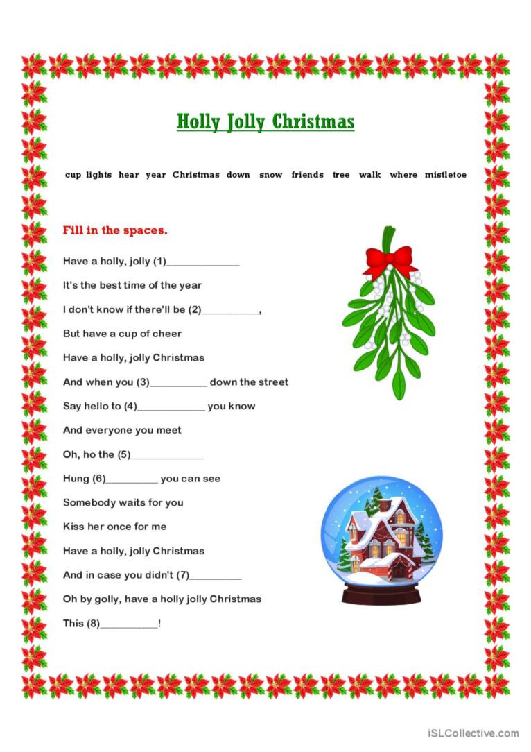 Holiday Christmas Carol Lyric Gap Fi…: English Esl Worksheets Pdf within Christmas Song Lyrics Worksheets