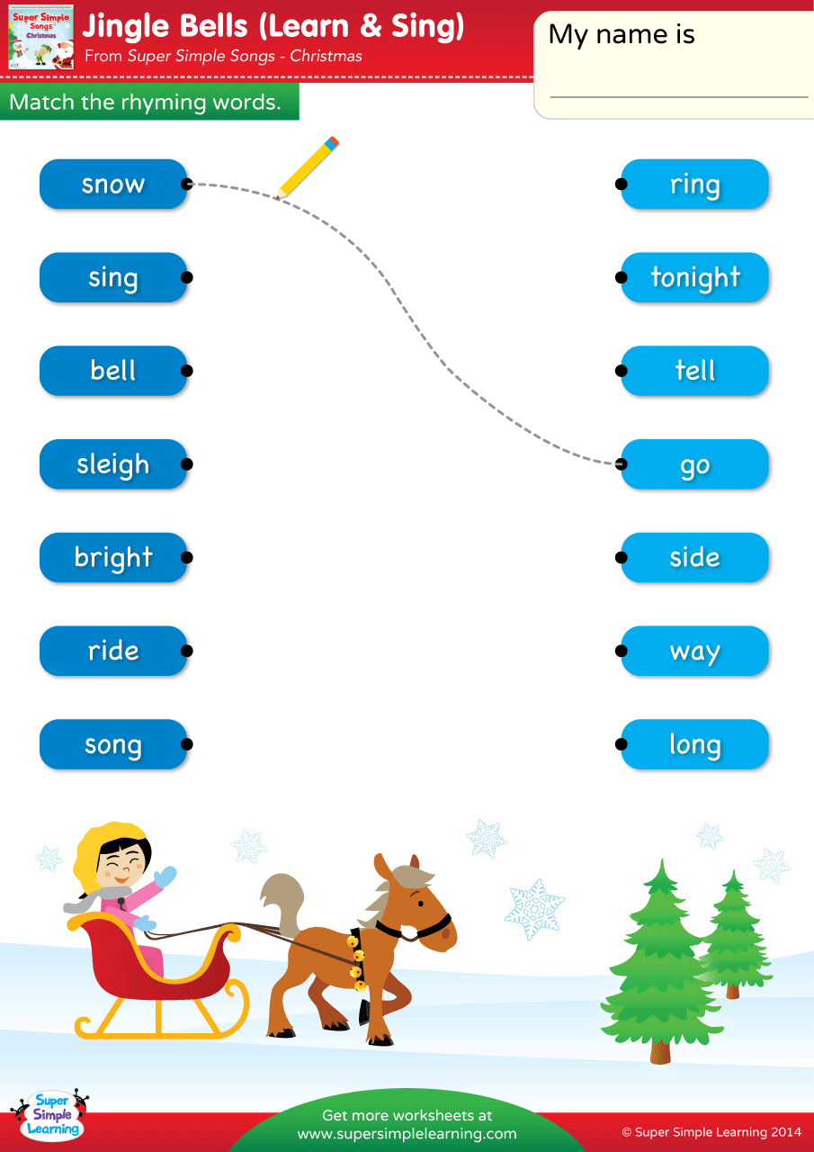Jingle Bells Worksheet - Match The Rhyming Words - Super Simple in Christmas Rhyming Words Worksheets