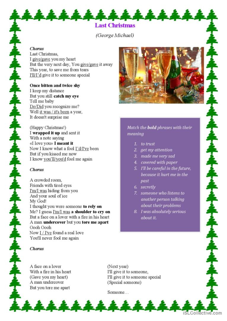 Last Christmas - Song Worksheet Son…: English Esl Worksheets Pdf &amp;amp; Doc throughout Christmas Song Lyrics Worksheets