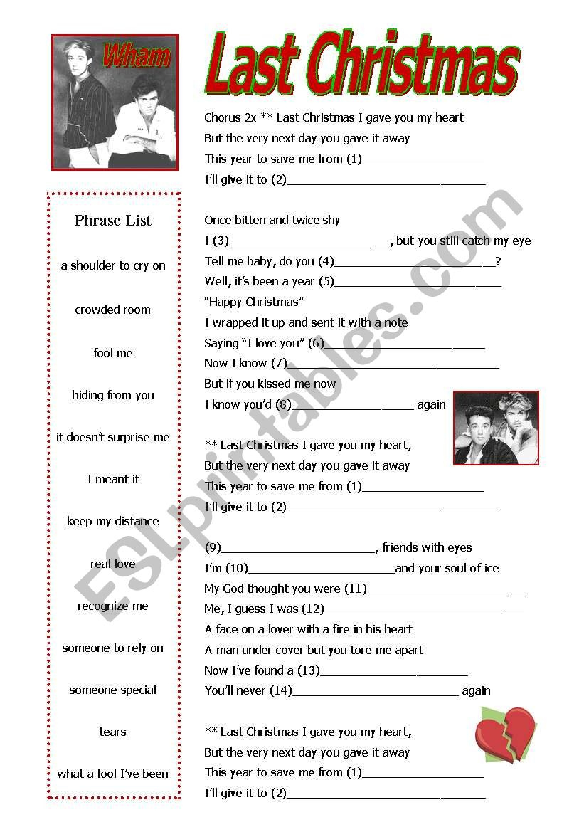 Last Christmaswham - Esl Worksheetpandabear pertaining to Last Christmas Song Worksheets