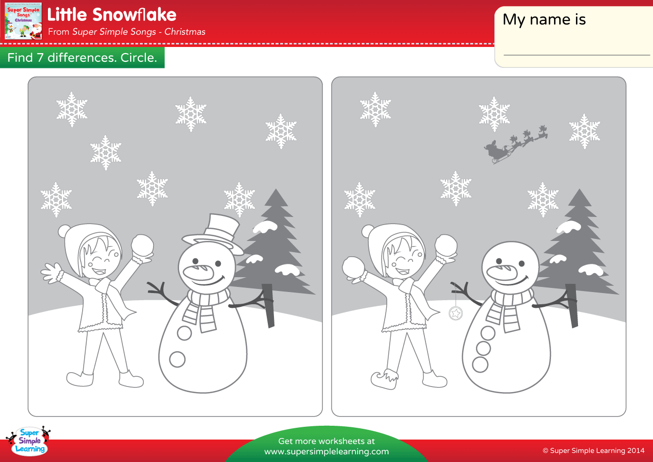 Little Snowflake Worksheet - Find The Differences - Super Simple regarding Spot The Difference Christmas Worksheets