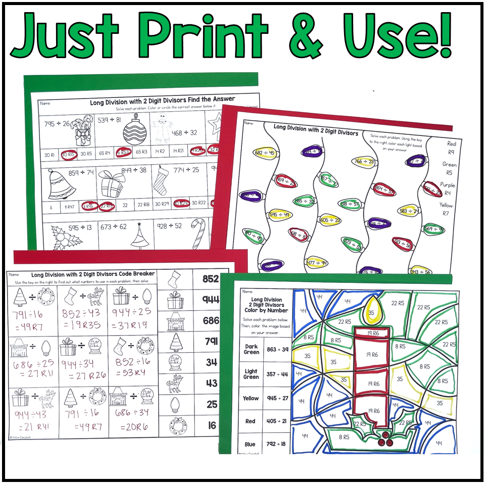 Long Division With 2 Digit Divisors 5Th Grade Christmas Math Colornumber for Christmas Long Division Worksheets