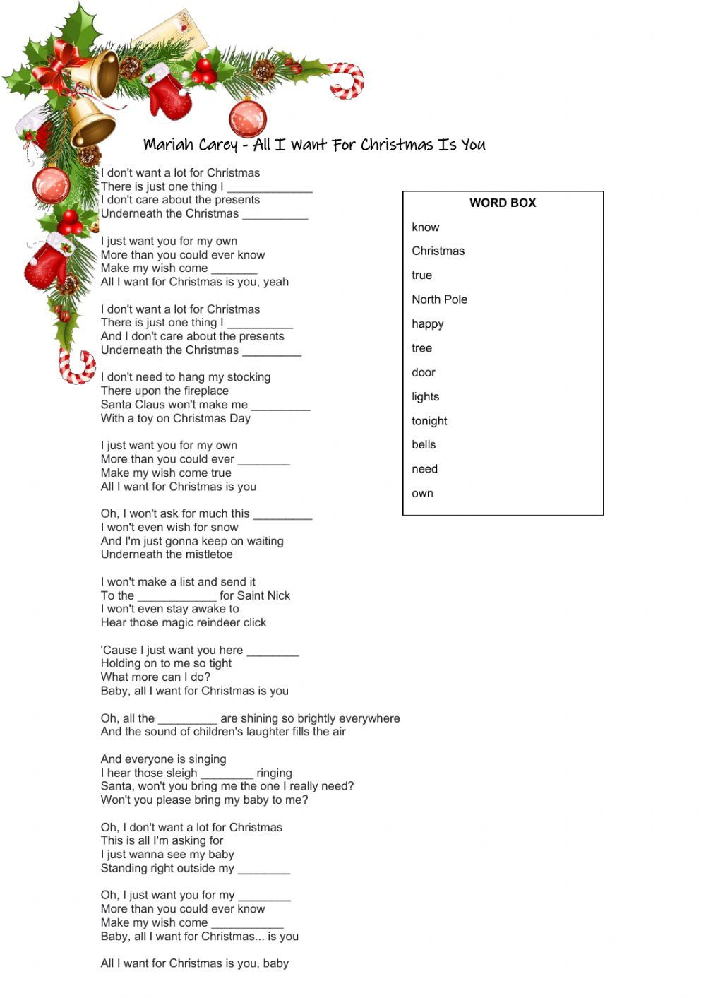 Mariah Carey - All I Want For Christmas Is You Worksheet throughout All I Want For Christmas Is You Worksheets