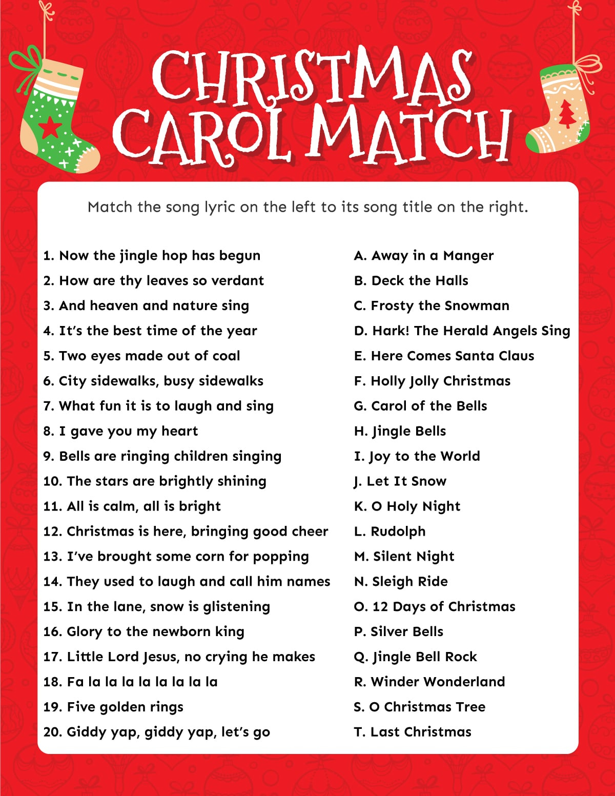 Match The Christmas Carol Game (Free Printable!) - Play Party Plan throughout Christmas Song Challenge Worksheets