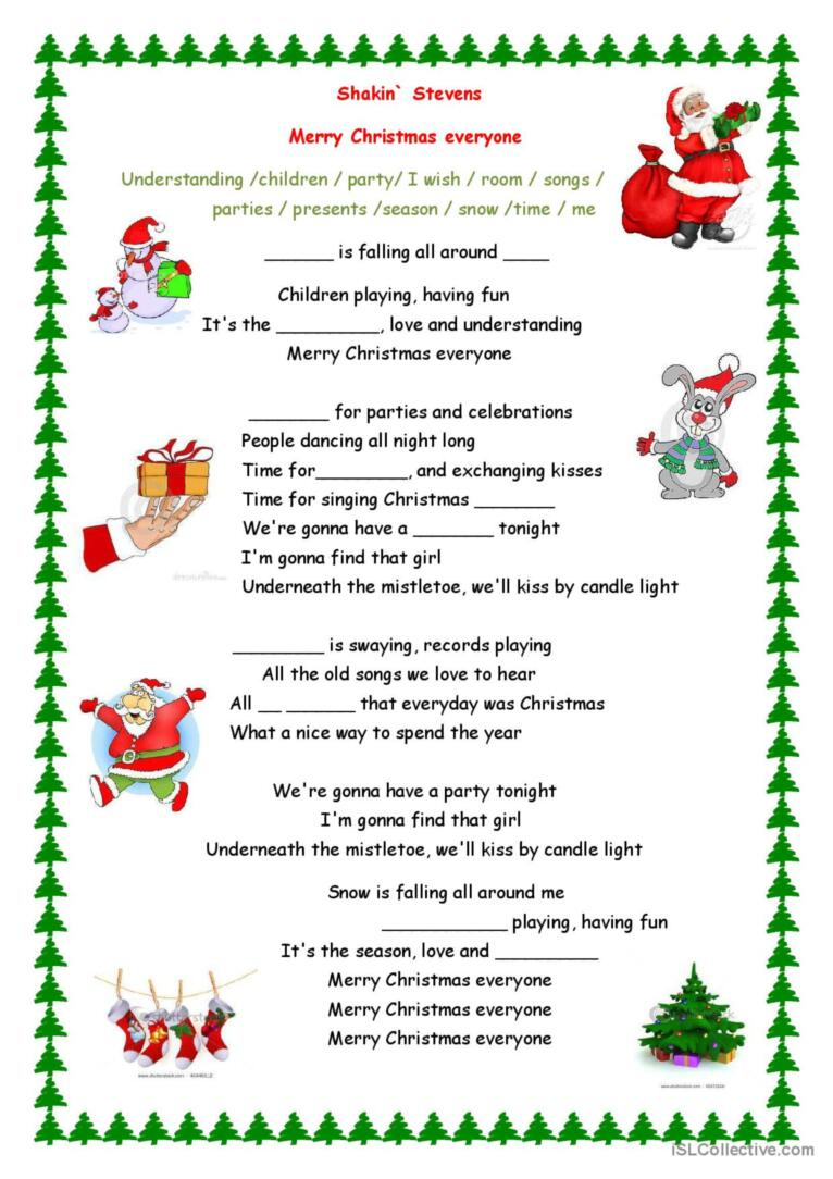 Merry Christmas Everyone Song Song A…: English Esl Worksheets Pdf inside Christmas Song Picture Worksheets