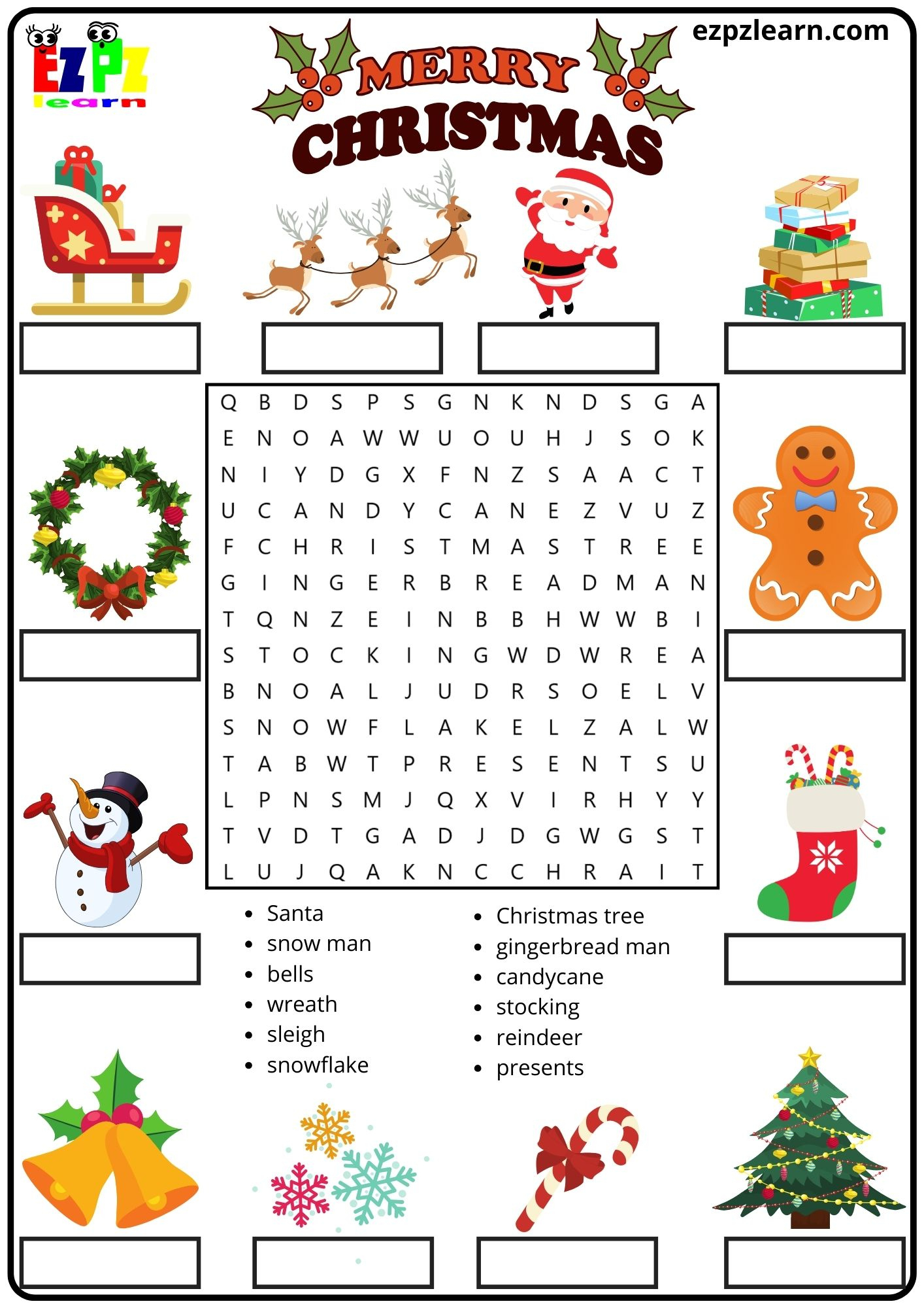 Merry Christmas Vocabulary Word Search And Match The Words within English Christmas Worksheets Free
