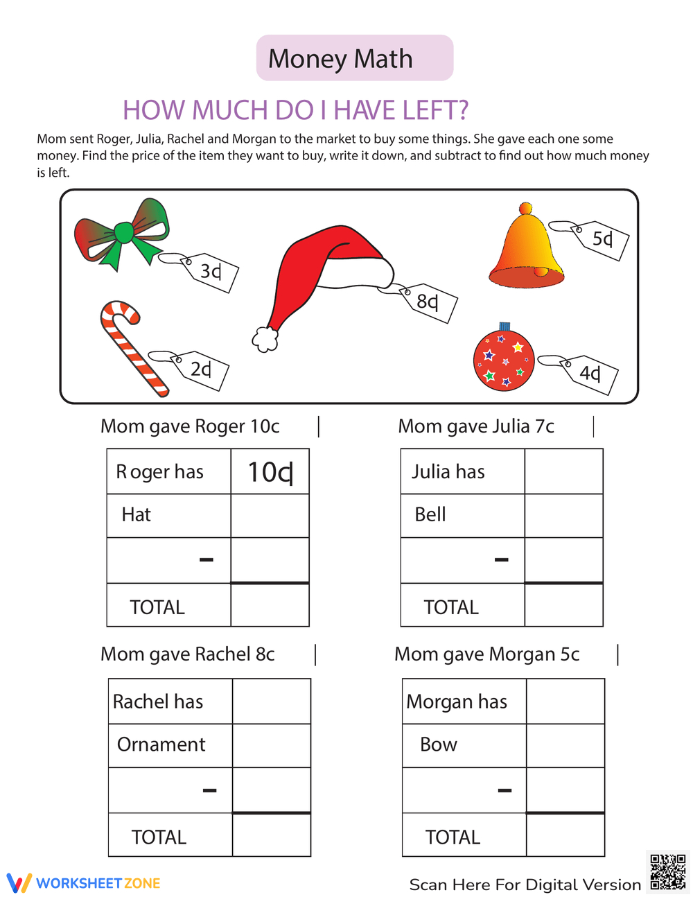Money Math Problems: Cents Focus Worksheet with Christmas Money Math Worksheets