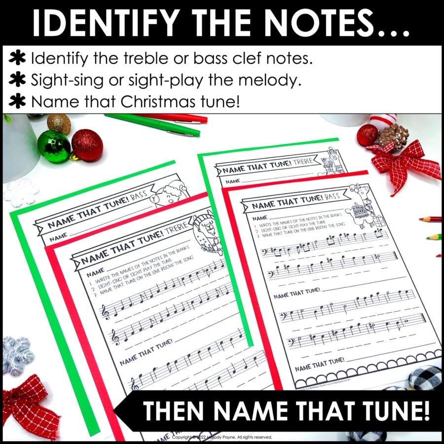 Name That Tune Christmas Music Worksheets In Treble And Bass Clef for Name That Tune Christmas Songs Worksheets