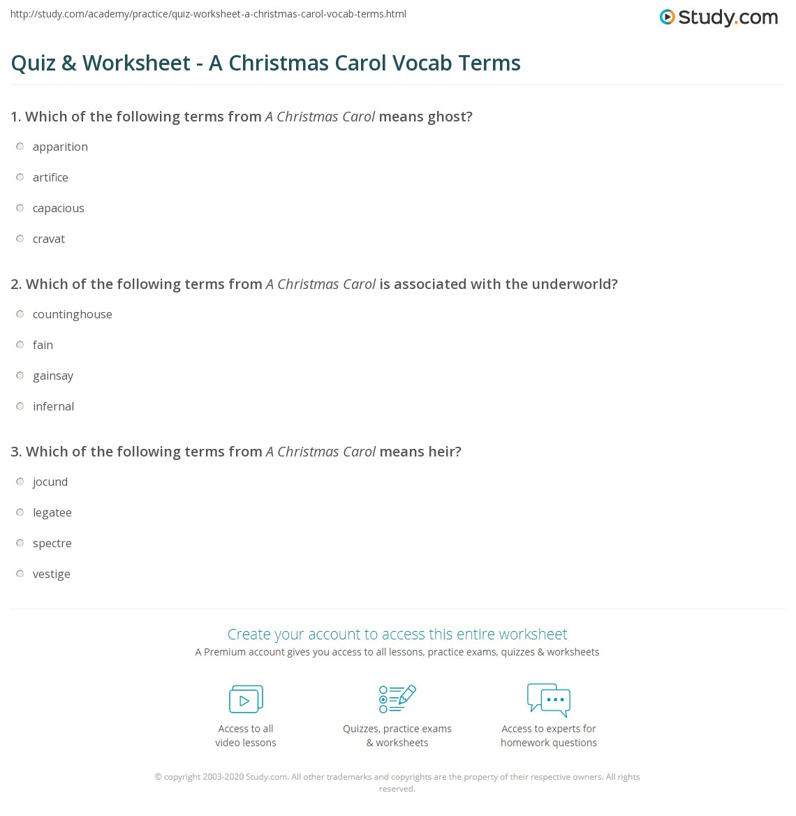 Quiz &amp;amp; Worksheet - A Christmas Carol Vocab Terms | Study for A Christmas Carol Vocabulary Worksheets Answers