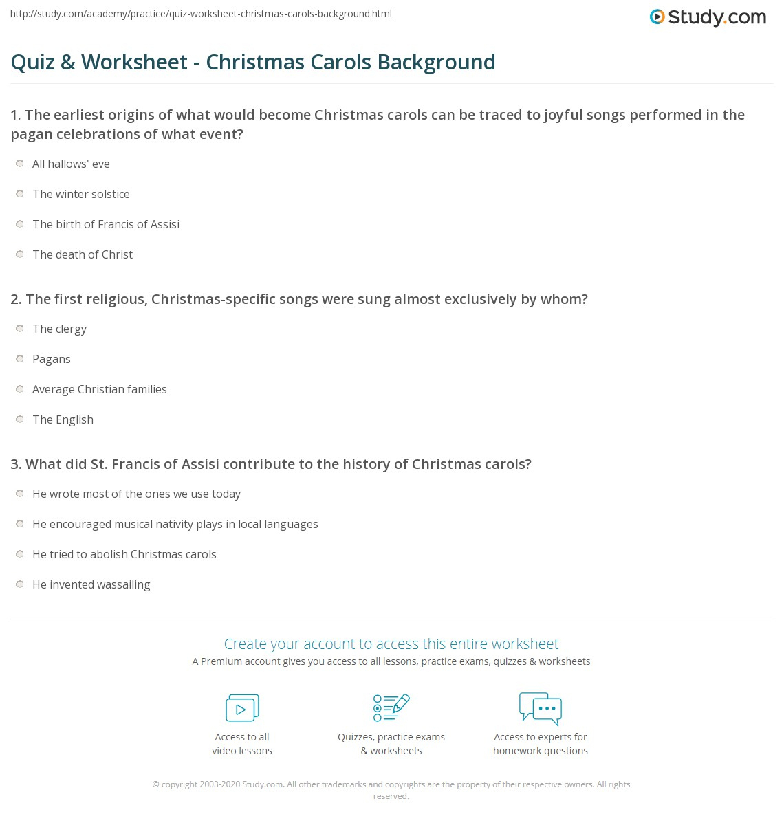 Quiz &amp;amp; Worksheet - Christmas Carols Background | Study with History of Christmas Carols Worksheets