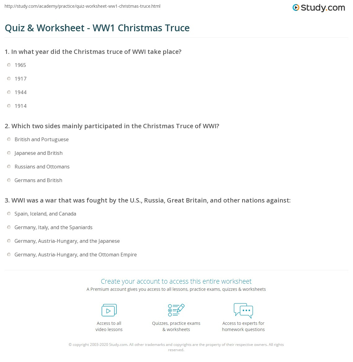 Quiz &amp;amp; Worksheet - Ww1 Christmas Truce | Study inside The World War 1 Christmas Truce Worksheets Answers