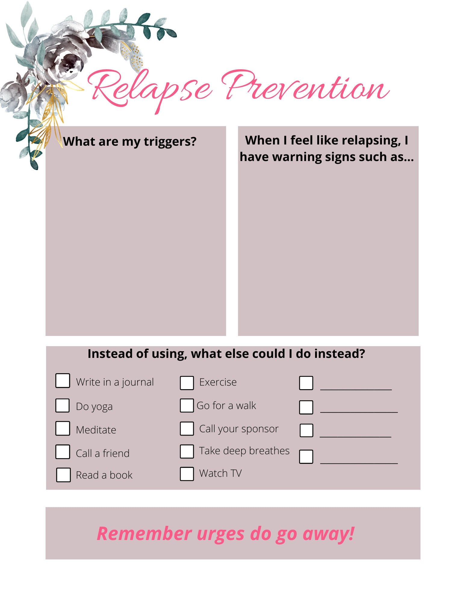 Relapse Prevention Plan Printable - Etsy intended for Christmas Relapse Prevention Worksheets