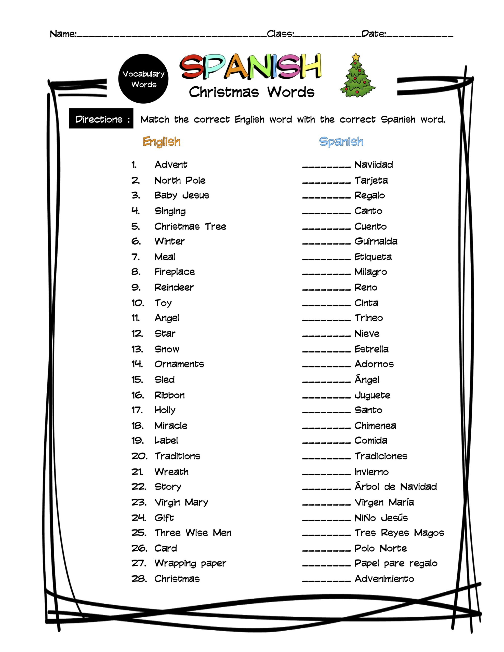 Spanish Christmas Vocabulary Matching Worksheet &amp;amp; Answer Key inside Spanish Christmas Vocabulary Worksheets