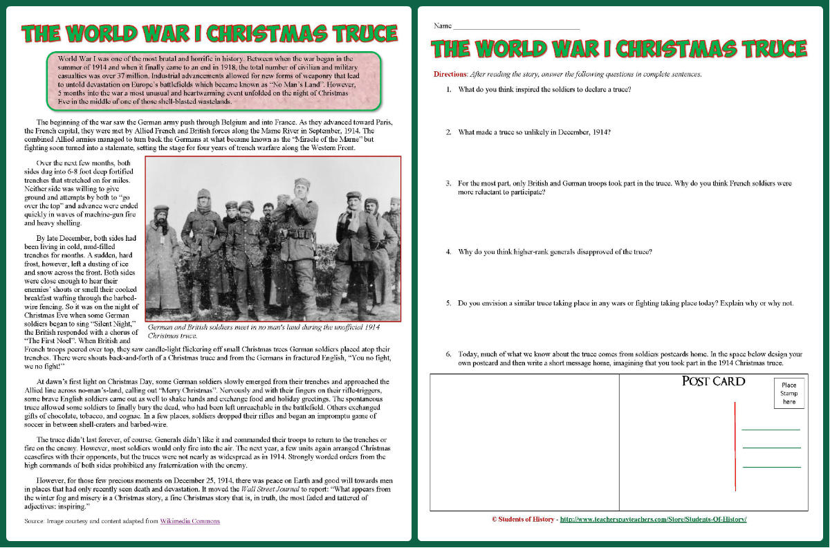 Students Of History: World War 1 Reading On Christmas Truce Lesson throughout The Christmas Truce Worksheets