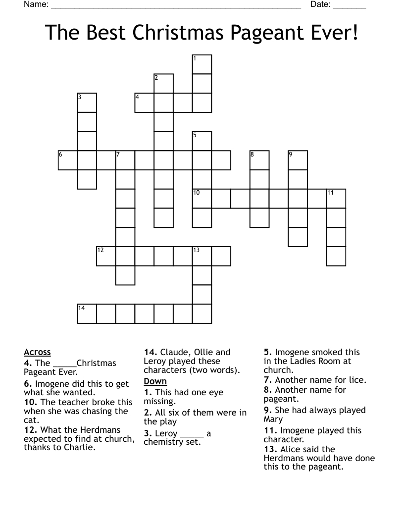 The Best Christmas Pageant Ever! Crossword - Wordmint for Free Worksheets For The Best Christmas Pageant Ever