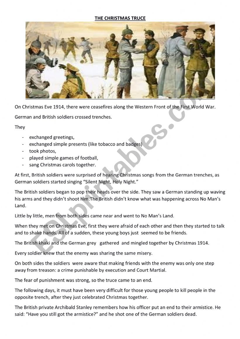 The Christmas Truce - Reading Comprehension - Esl Worksheet throughout Christmas Truce 1914 Worksheets