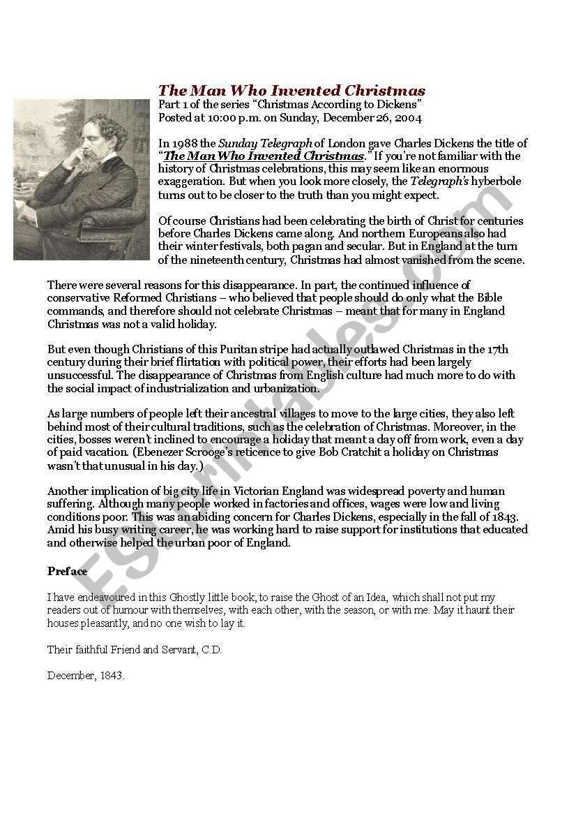 The Man Who Invented Christmas ( Charles Dickens) - Esl Worksheet for The Man Who Invented Christmas Worksheets