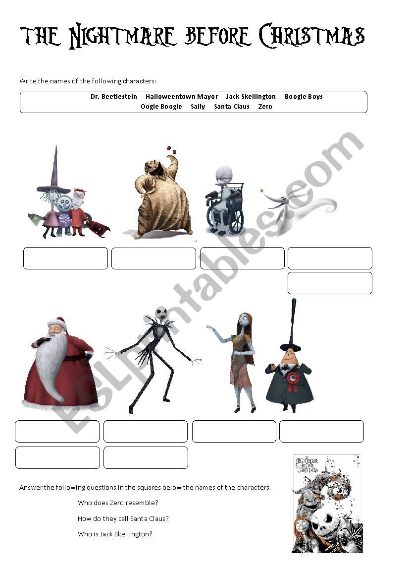 The Nightmare Before Christmas (Characters) - Esl Worksheet within The Nightmare Before Christmas Worksheets