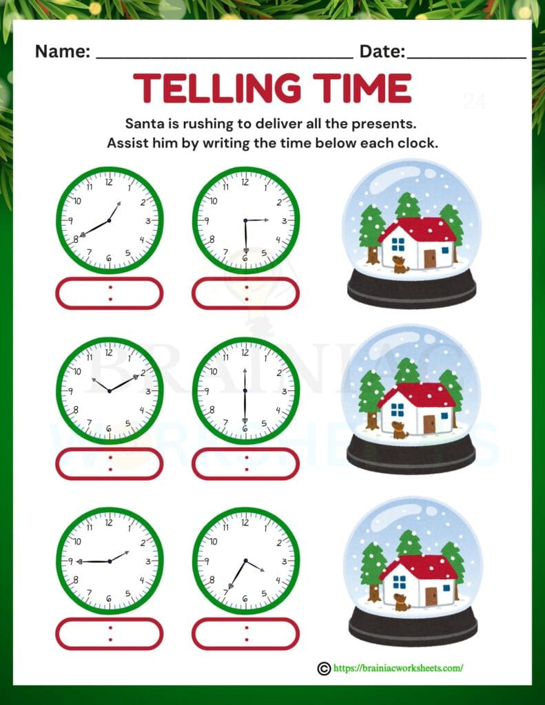 Time Telling Christmas Maths Worksheet For Class 4 - Brainiac regarding Christmas Telling Time Worksheets