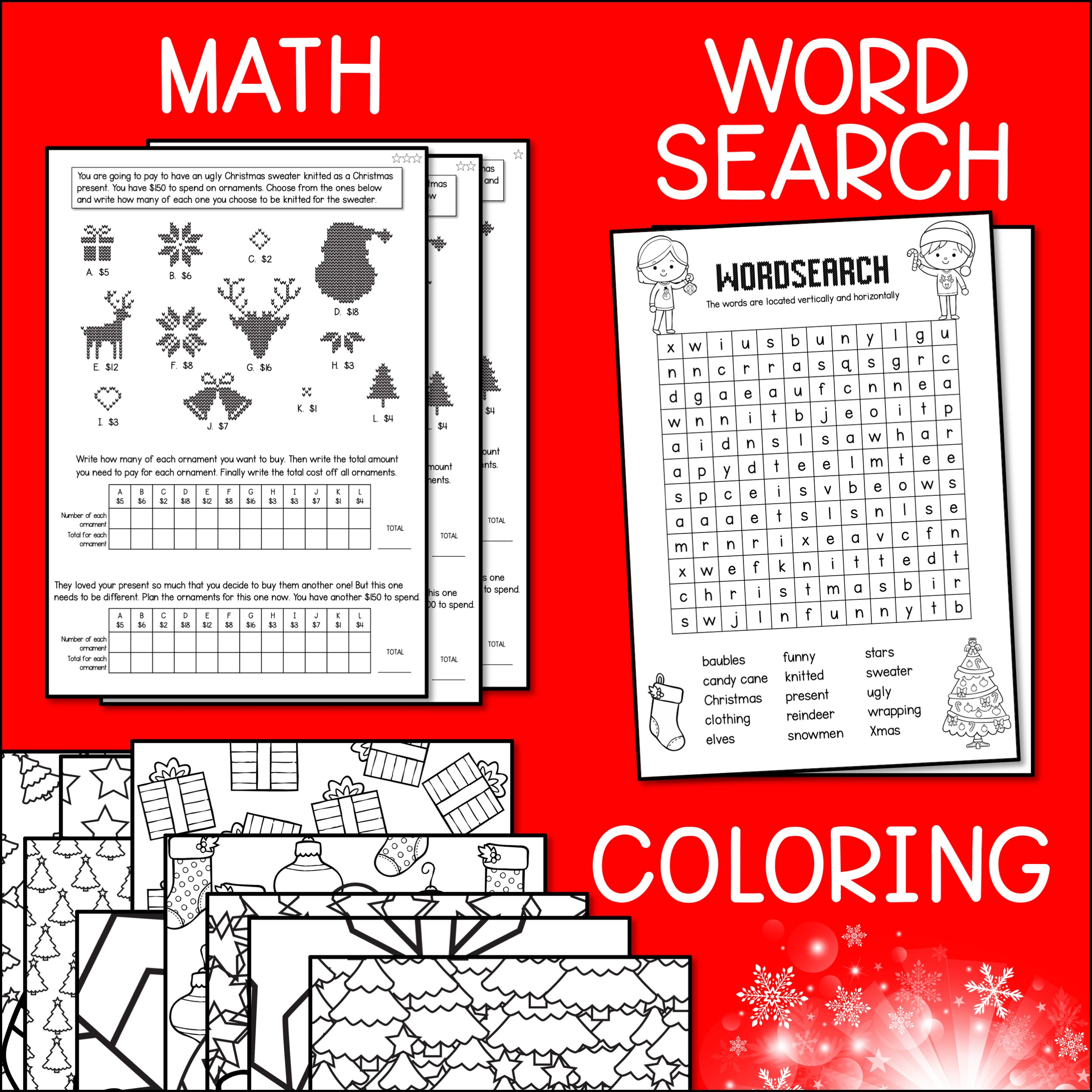 Ugly Christmas Sweater Design, Writing, Maths, Word Search &amp;amp; Colouring  Activities - Australian Teachers Marketplace throughout Ugly Christmas Sweater Math Worksheets Answers