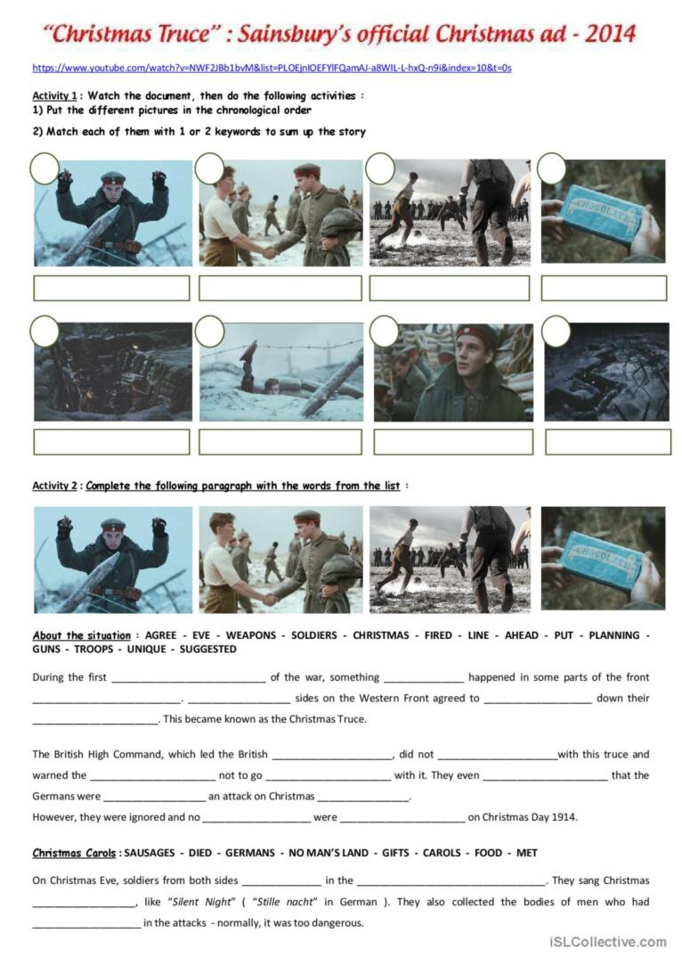 Ww1 : The Christmas Truce ( Sainbury…: English Esl Worksheets Pdf regarding Christmas Truce 1914 Worksheets