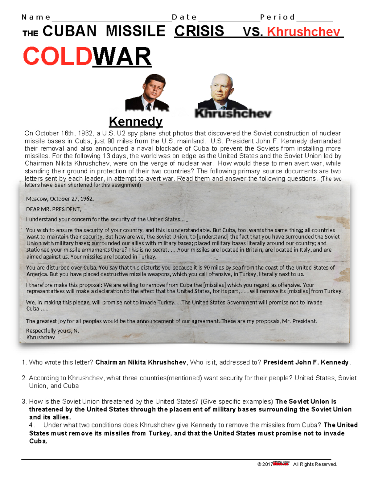 05B Cuban Missile Crisis: Analyzing Khrushchev &amp;amp; Kennedy&amp;#039;S Letters pertaining to Letter From Chairman Khrushchev To President Kennedy Worksheet Answers