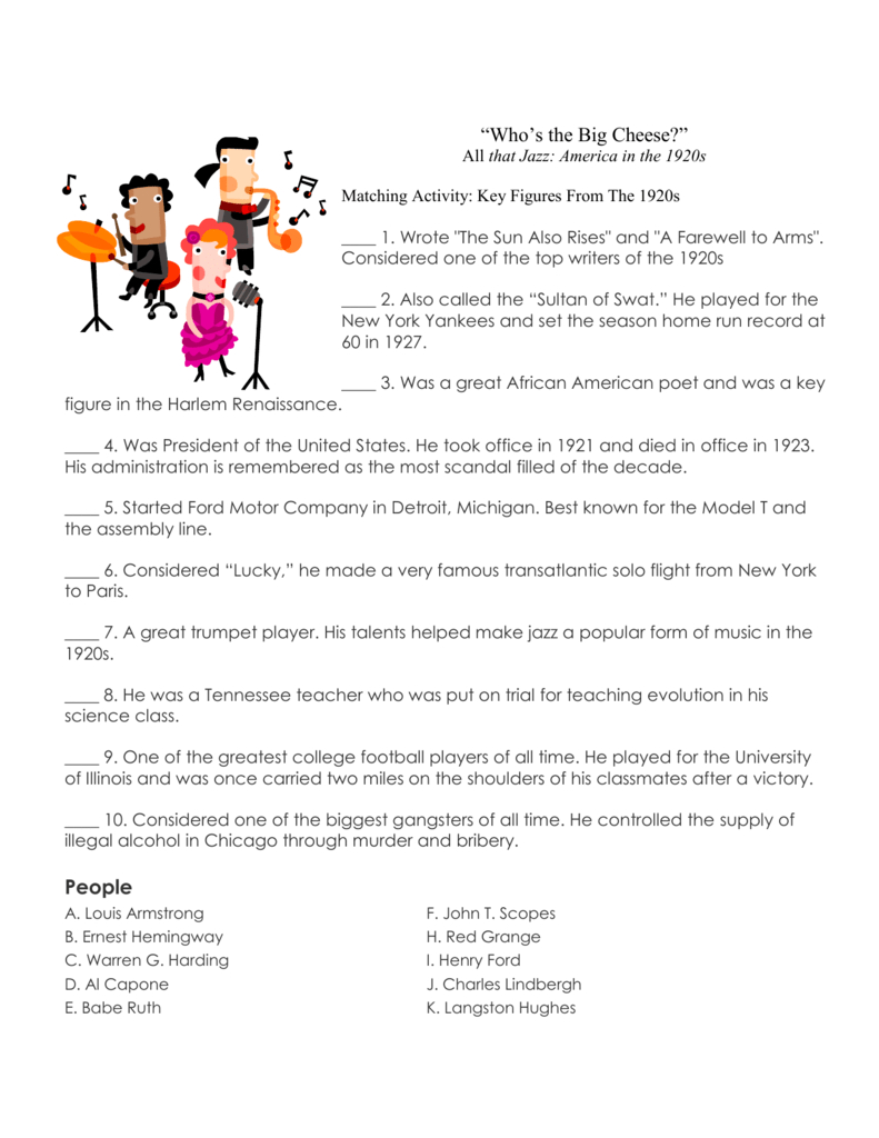1920S Key Figures Matching Activity | Us History inside The Harding Presidency Worksheet Answer Key