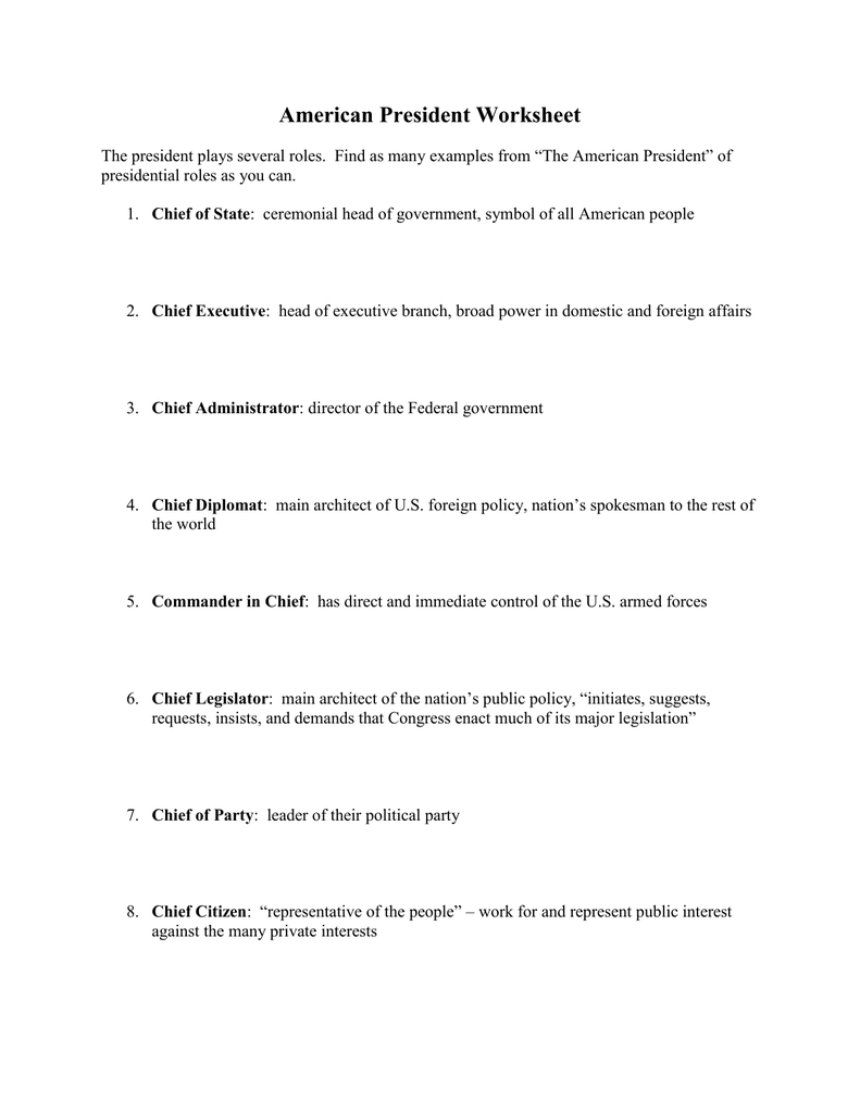 American President Worksheet: Movie Analysis pertaining to 7 Roles of the President Worksheet