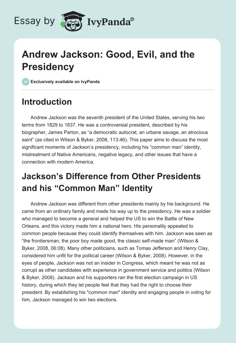 Andrew Jackson, Good, Evil, And The Presidency - 955 Words in Andrew Jackson Good Evil And the Presidency Worksheet